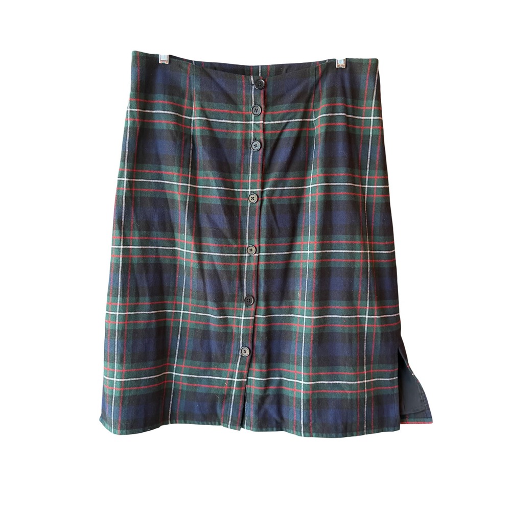 J. Peterman Plaid Tartan Midi Skirt Button Front Cotton Size 16
